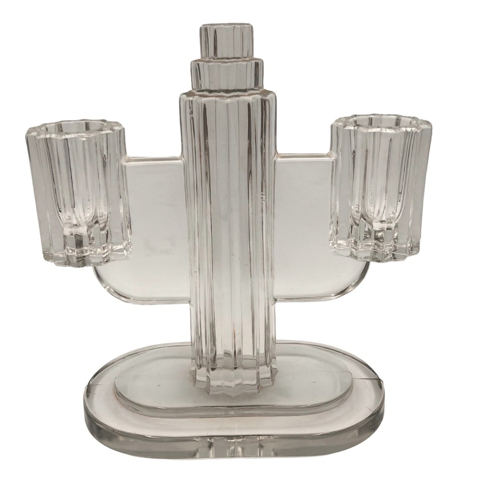 Vintage Heisey Ridgeleigh Art Deco 1930's Pressed Glass Dual Candle Stick Holder